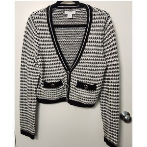 London Kaye Black White Women's Cropped V-Neck‎ Cardigan Buttons Large Office